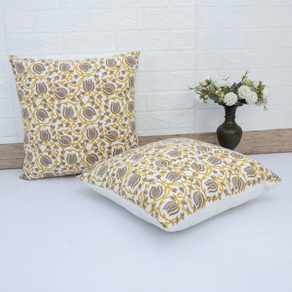 Mustard Yellow & Grey Floral Cotton Cushion Cover | Hand Block Print Decorative Pillow Cover | Elegant Sofa Cushion Case