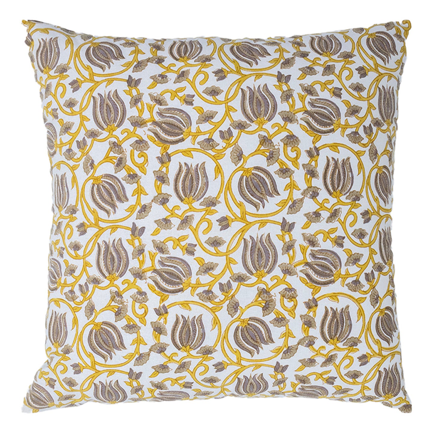 Mustard Yellow & Grey Floral Cotton Cushion Cover | Hand Block Print Decorative Pillow Cover | Elegant Sofa Cushion Case