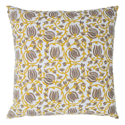 Mustard Yellow & Grey Floral Cotton Cushion Cover | Hand Block Print Decorative Pillow Cover | Elegant Sofa Cushion Case