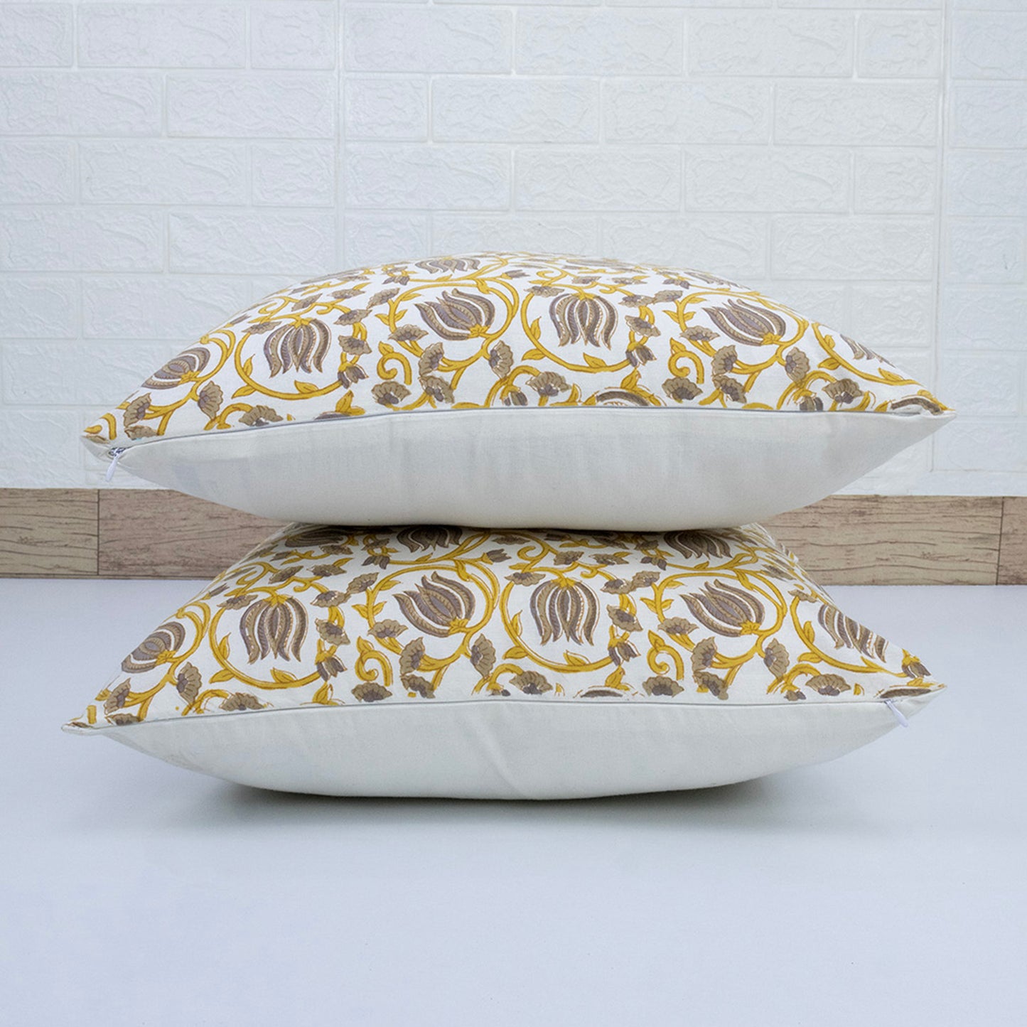Mustard Yellow & Grey Floral Cotton Cushion Cover | Hand Block Print Decorative Pillow Cover | Elegant Sofa Cushion Case