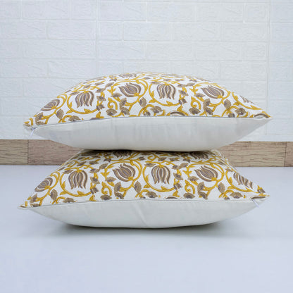 Mustard Yellow & Grey Floral Cotton Cushion Cover | Hand Block Print Decorative Pillow Cover | Elegant Sofa Cushion Case