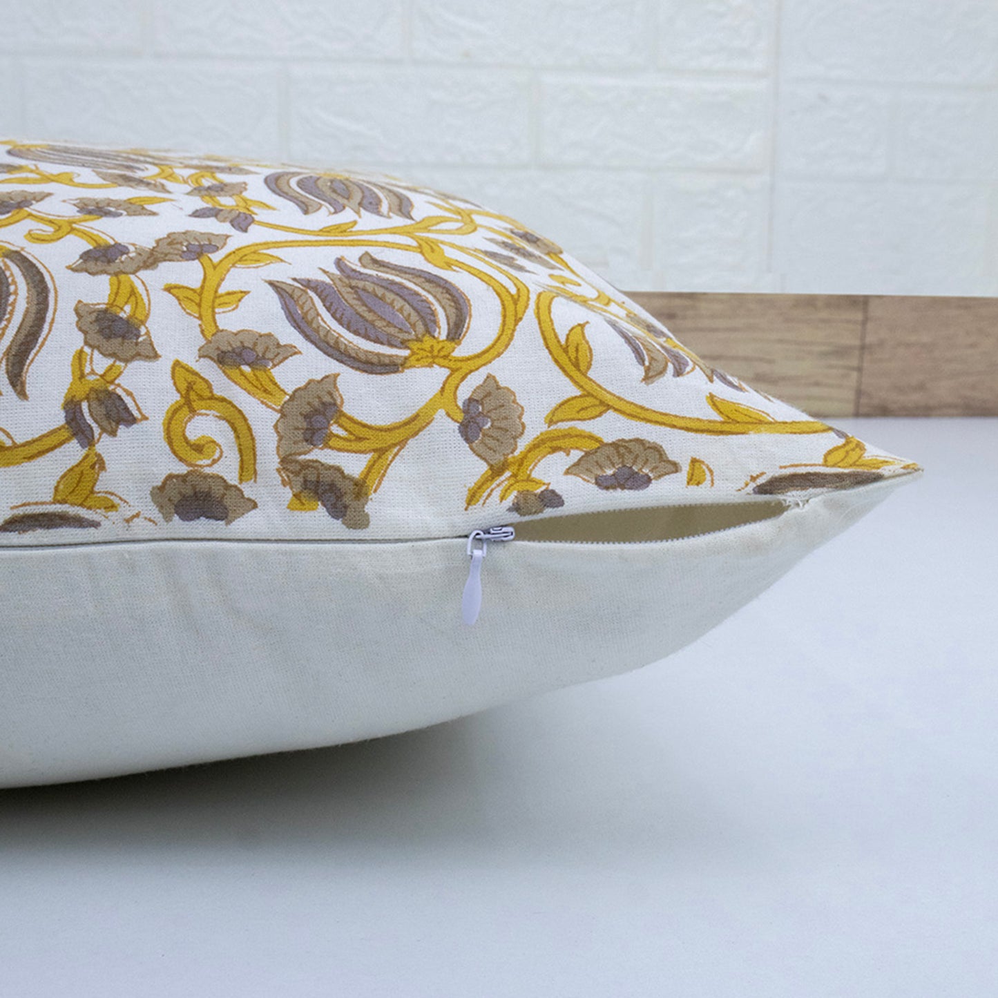 Mustard Yellow & Grey Floral Cotton Cushion Cover | Hand Block Print Decorative Pillow Cover | Elegant Sofa Cushion Case