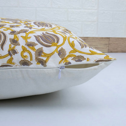 Mustard Yellow & Grey Floral Cotton Cushion Cover | Hand Block Print Decorative Pillow Cover | Elegant Sofa Cushion Case