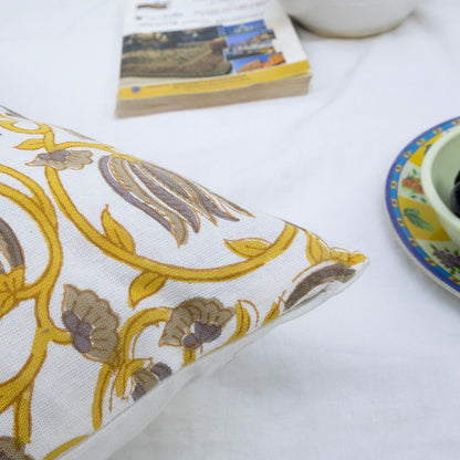 Mustard Yellow & Grey Floral Cotton Cushion Cover | Hand Block Print Decorative Pillow Cover | Elegant Sofa Cushion Case