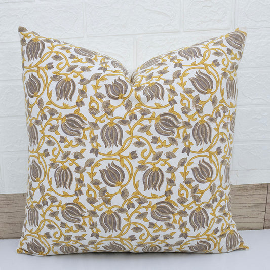 Mustard Yellow & Grey Floral Cotton Cushion Cover | Hand Block Print Decorative Pillow Cover | Elegant Sofa Cushion Case