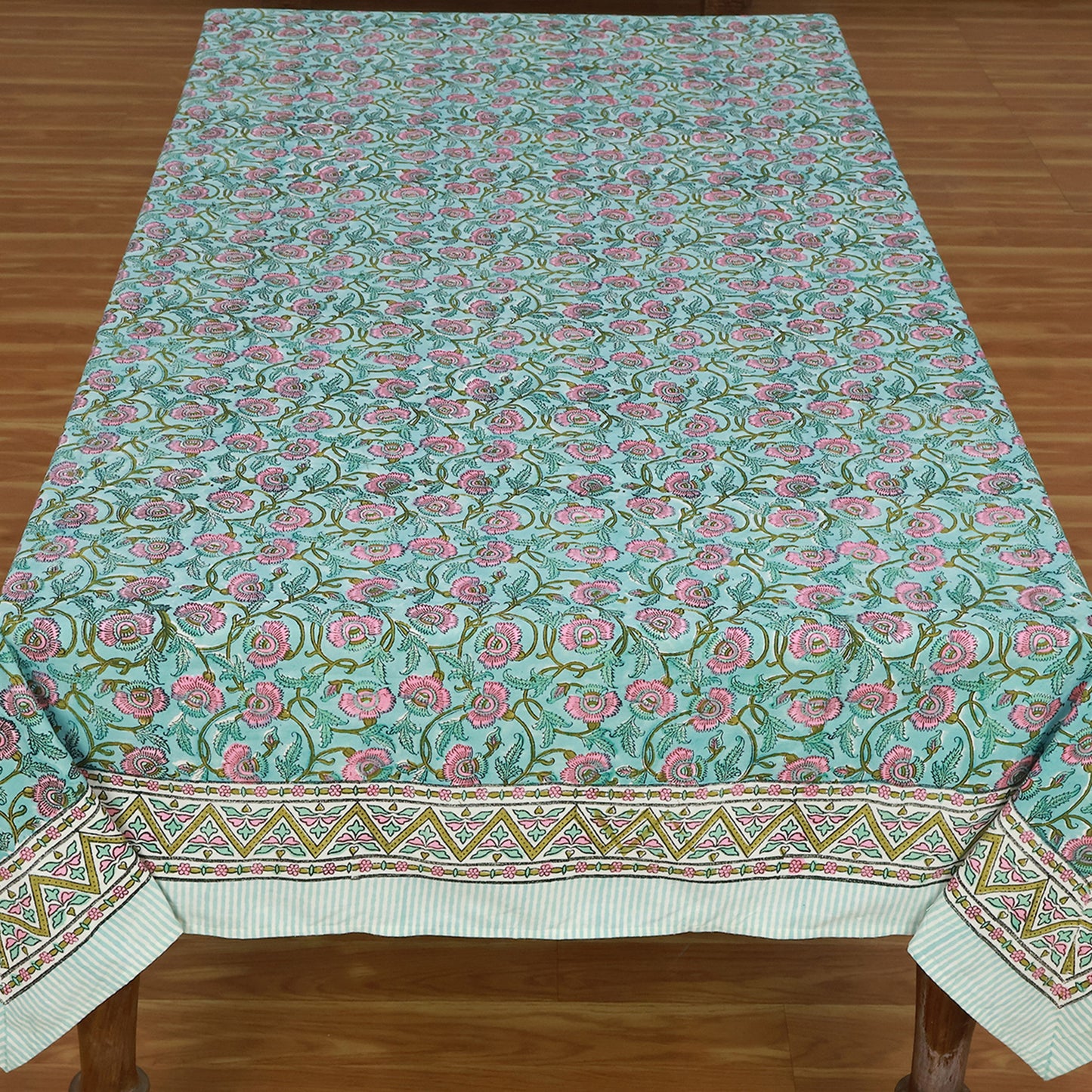 Floral Blue Pink Hand Block Printed Rectangle Dinning Table Cover - My Store