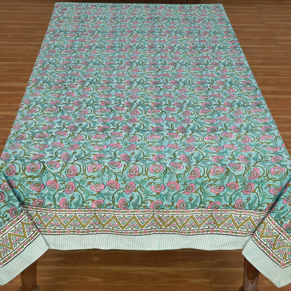 Floral Blue Pink Hand Block Printed Rectangle Dinning Table Cover - My Store