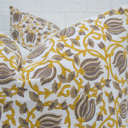 Mustard Yellow & Grey Floral Cotton Cushion Cover | Hand Block Print Decorative Pillow Cover | Elegant Sofa Cushion Case