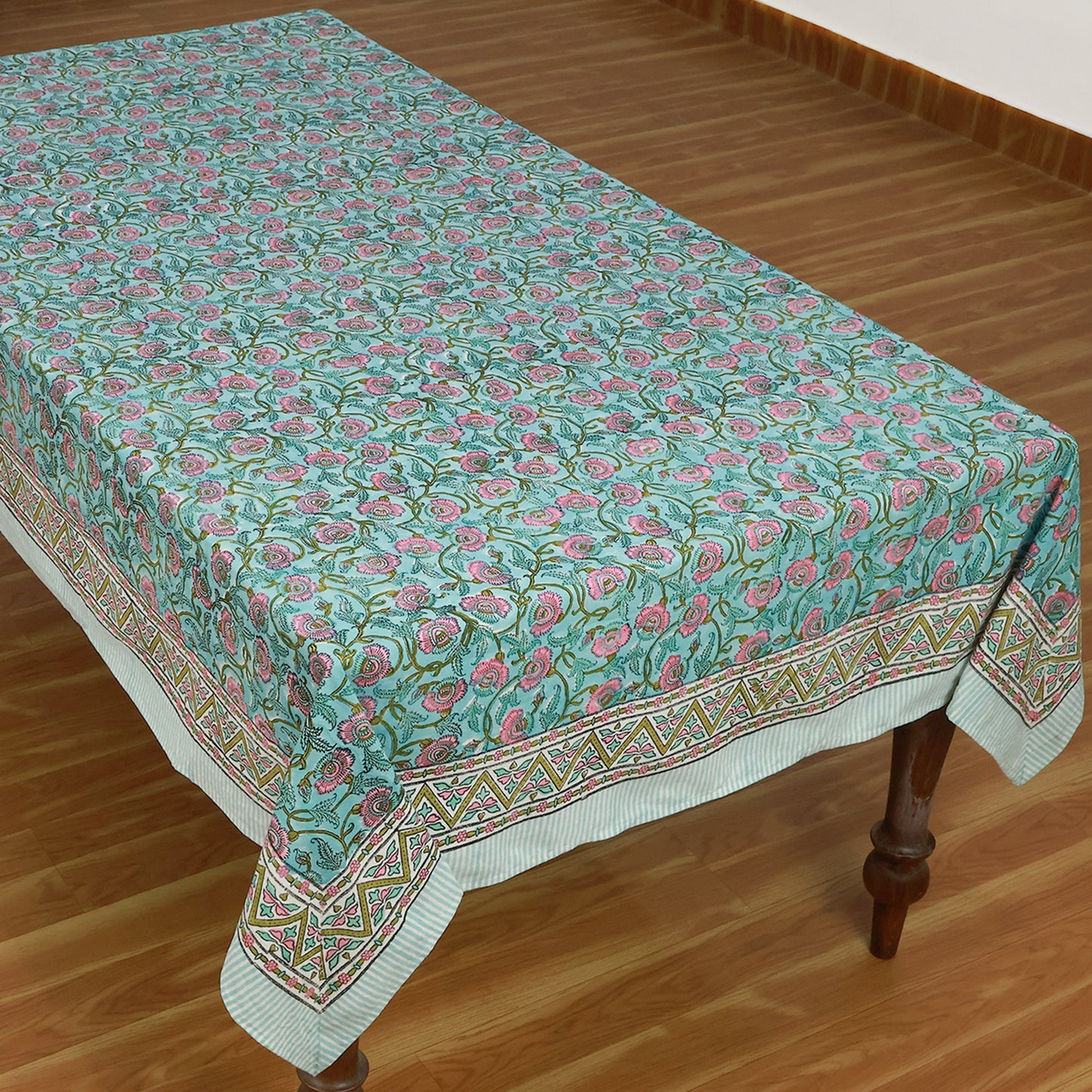Floral Blue Pink Hand Block Printed Rectangle Dinning Table Cover - My Store