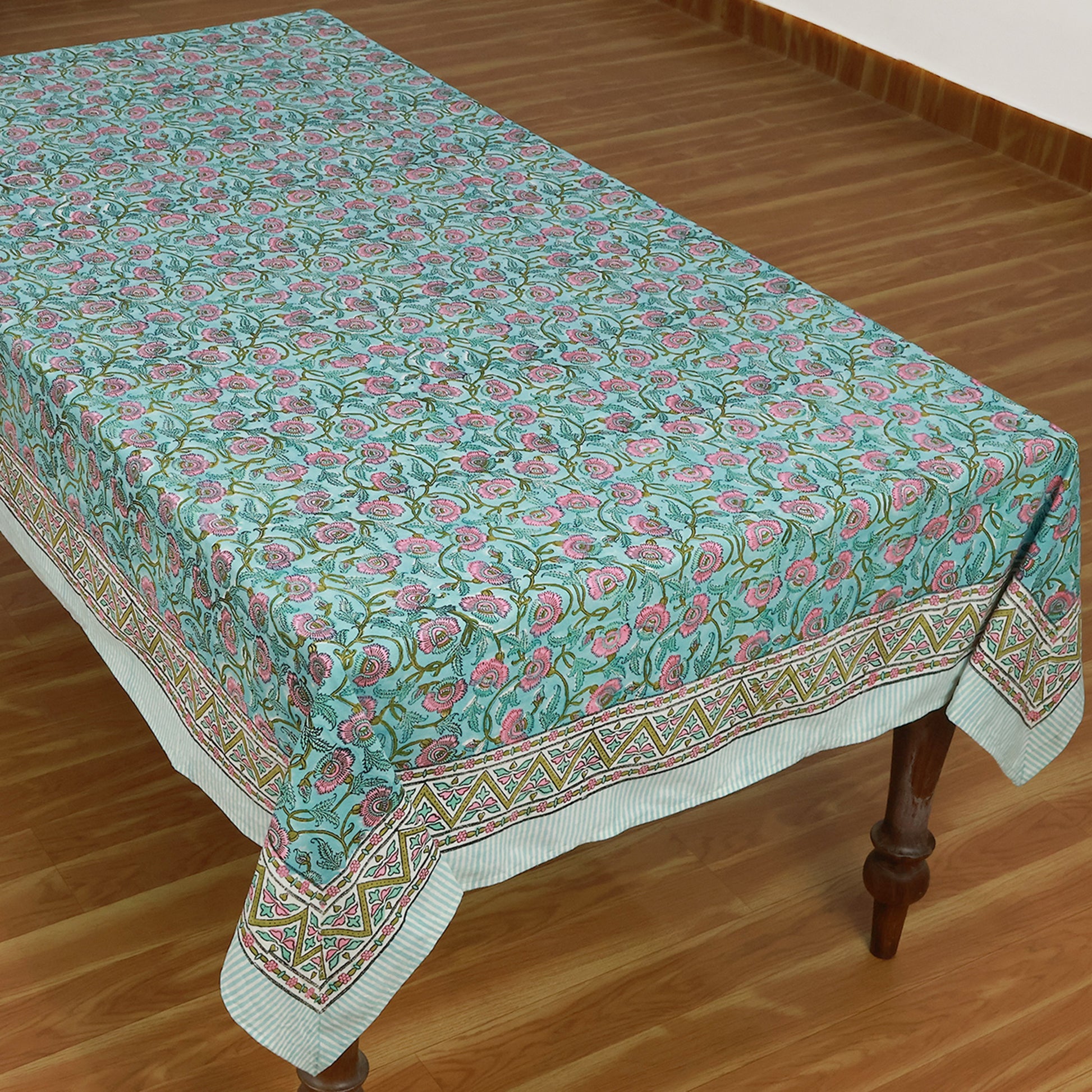 Floral Blue Pink Hand Block Printed Rectangle Dinning Table Cover - My Store
