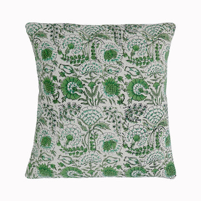 Green Floral Cotton Cushion Cover | Hand Block Print Decorative Pillow Cover | Indian Boho Sofa Cushion Case