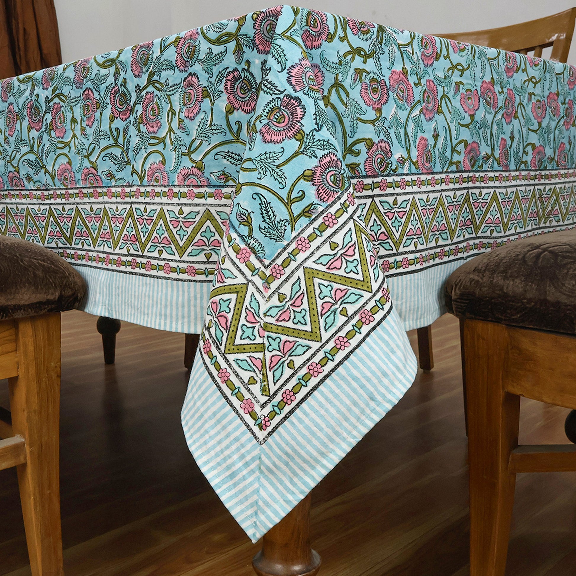 Floral Blue Pink Hand Block Printed Rectangle Dinning Table Cover - My Store