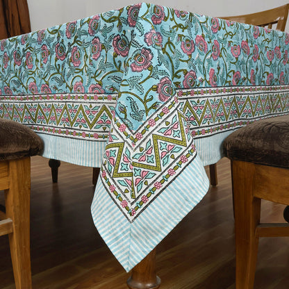 Floral Blue Pink Hand Block Printed Rectangle Dinning Table Cover - My Store