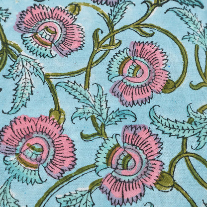 Floral Blue Pink Hand Block Printed Rectangle Dinning Table Cover - My Store