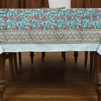 Floral Blue Pink Hand Block Printed Rectangle Dinning Table Cover - My Store