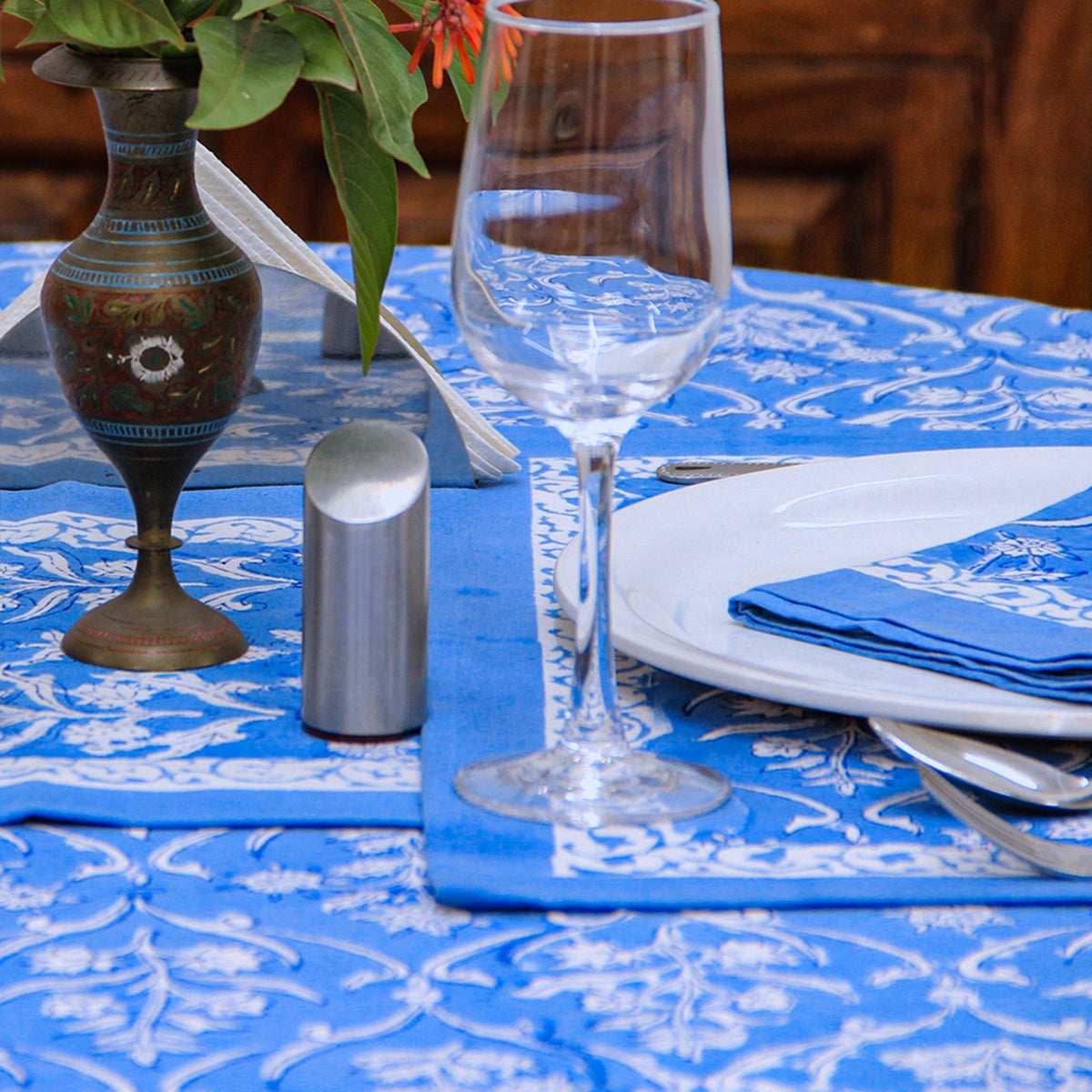 Sky Blue Round Tablecloth, Floral Table Linens, Cotton Table Cover - My Store