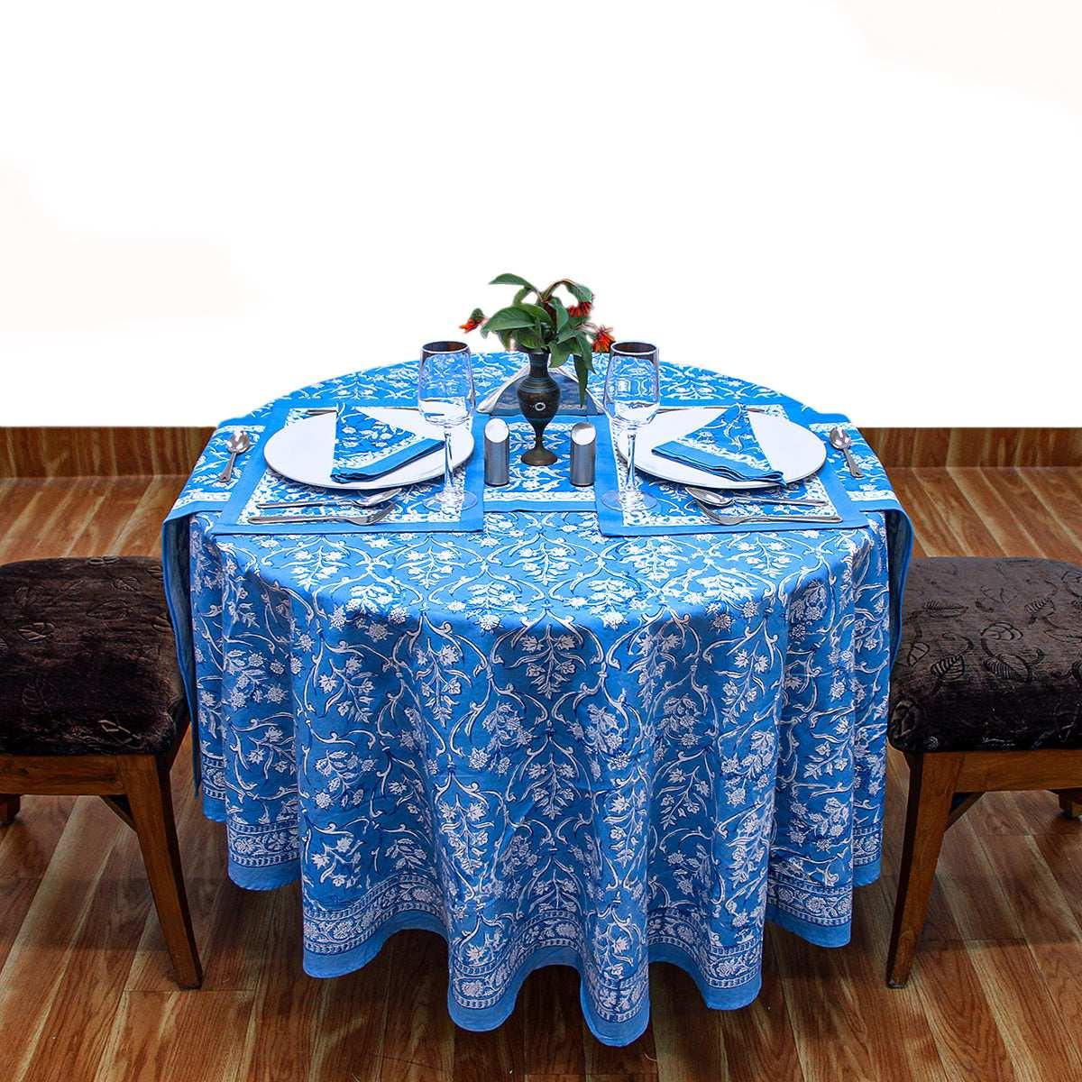 Sky Blue Round Tablecloth, Floral Table Linens, Cotton Table Cover - My Store