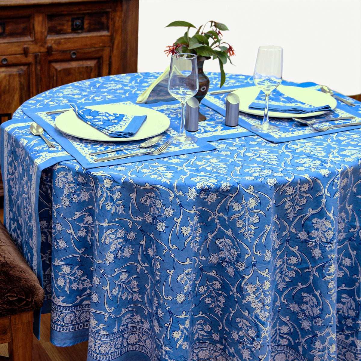 Sky Blue Round Tablecloth, Floral Table Linens, Cotton Table Cover - My Store