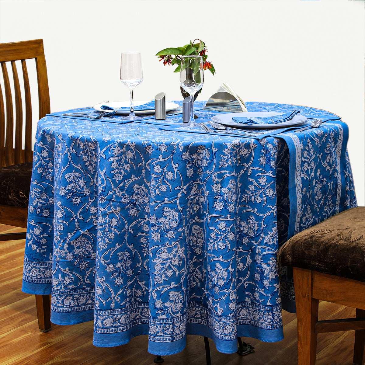 Sky Blue Round Tablecloth, Floral Table Linens, Cotton Table Cover - My Store