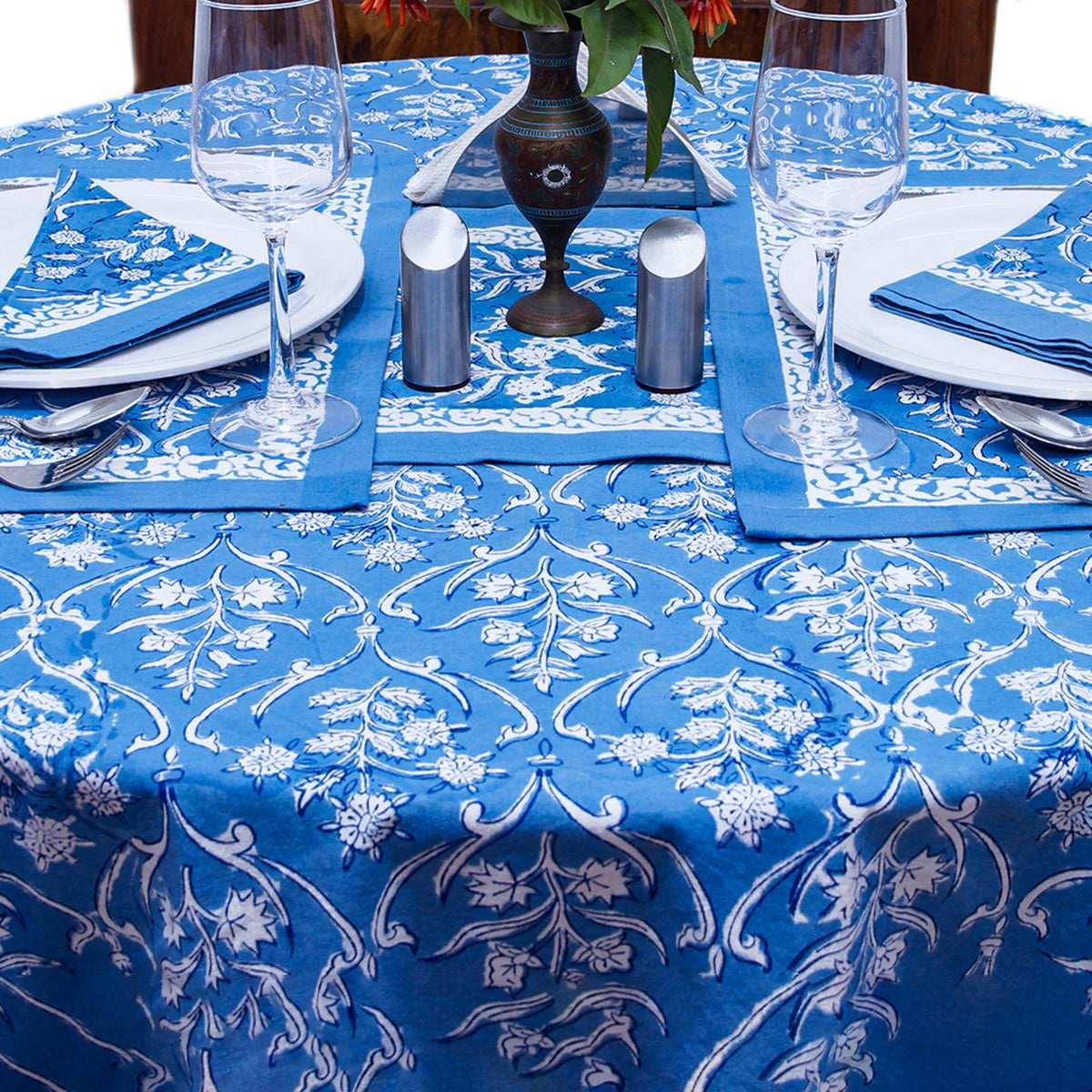 Sky Blue Round Tablecloth, Floral Table Linens, Cotton Table Cover - My Store