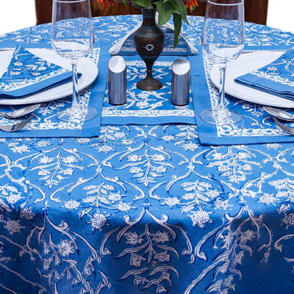Sky Blue Round Tablecloth, Floral Table Linens, Cotton Table Cover - My Store
