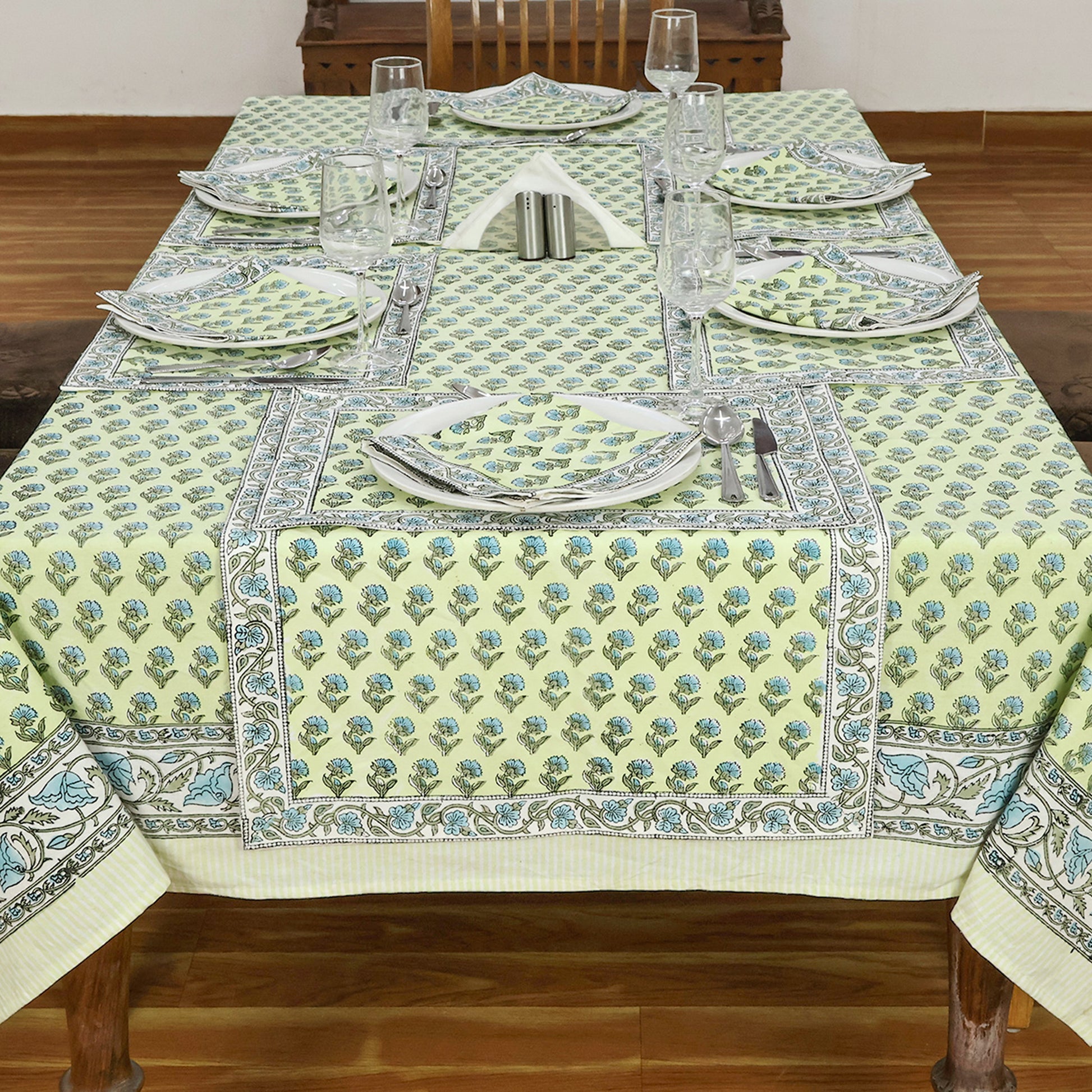 Rectangle Blue Green Floral Hand Block Printed Tablecloth - My Store