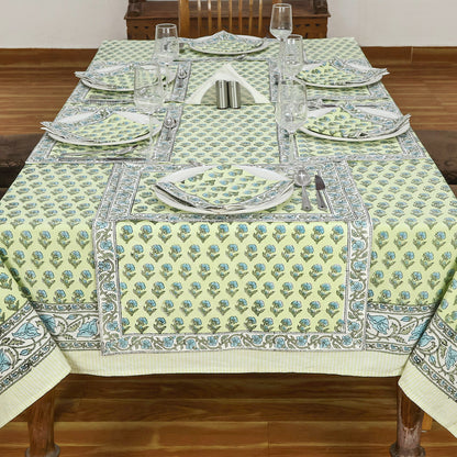 Rectangle Blue Green Floral Hand Block Printed Tablecloth - My Store