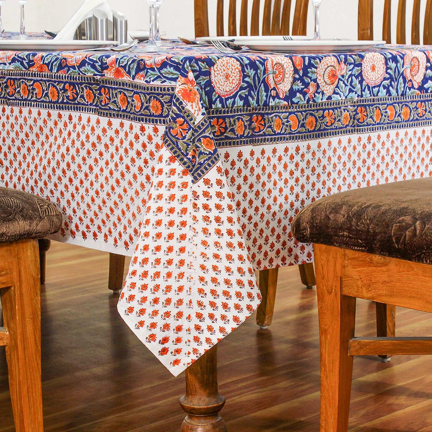Indian Handmade Cotton Blue & Orange Wedding Tablecloth - My Store