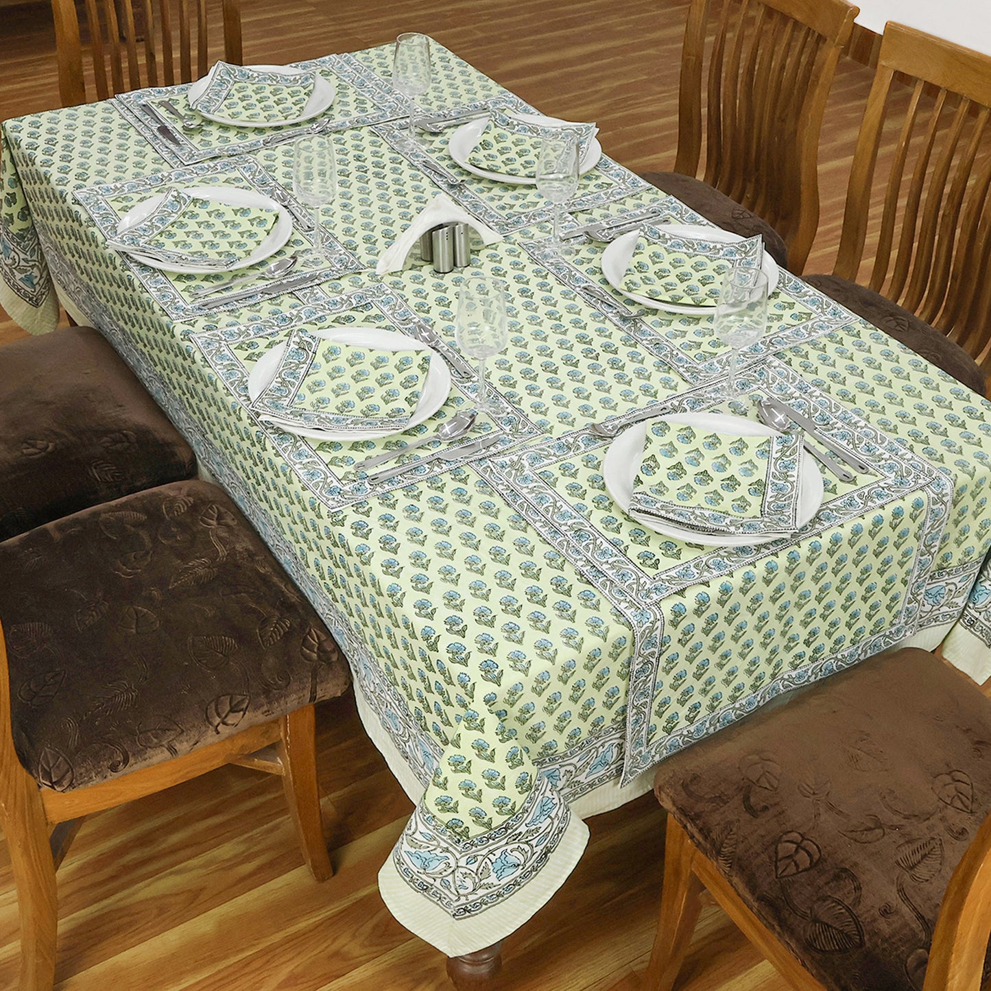 Rectangle Blue Green Floral Hand Block Printed Tablecloth - My Store