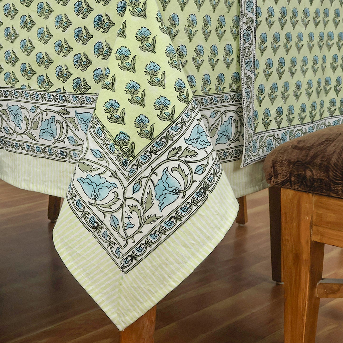 Rectangle Blue Green Floral Hand Block Printed Tablecloth - My Store