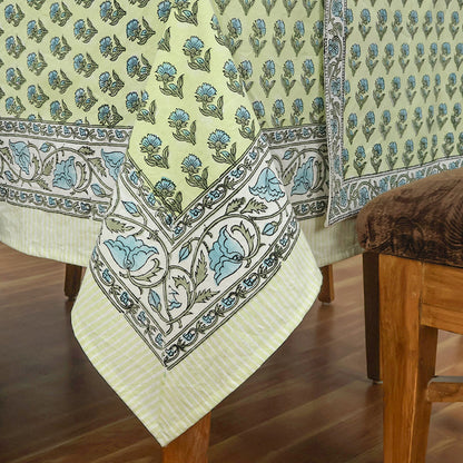 Rectangle Blue Green Floral Hand Block Printed Tablecloth - My Store