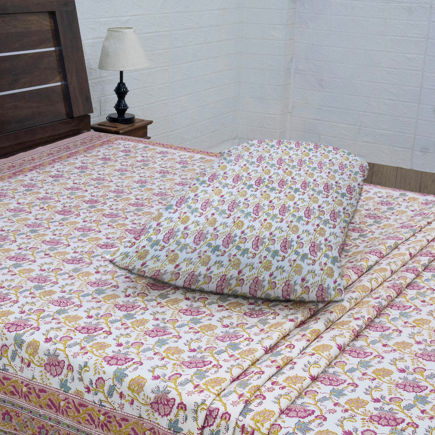 Cotton Bedsheet – Hand Block Floral Print – Pink and Yellow – King, Queen, Twin Sizes - My Store