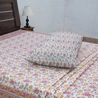 Cotton Bedsheet – Hand Block Floral Print – Pink and Yellow – King, Queen, Twin Sizes - My Store
