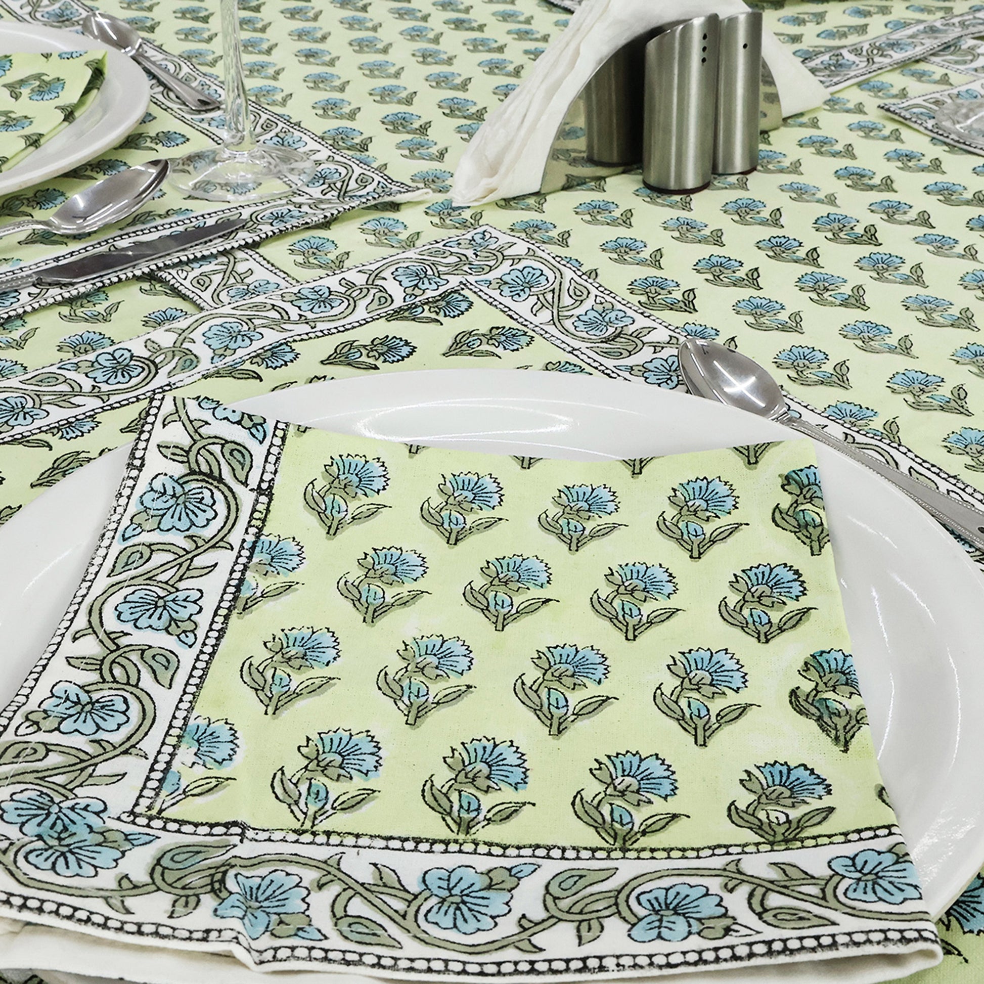 Rectangle Blue Green Floral Hand Block Printed Tablecloth - My Store