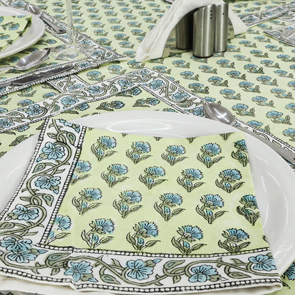 Rectangle Blue Green Floral Hand Block Printed Tablecloth - My Store