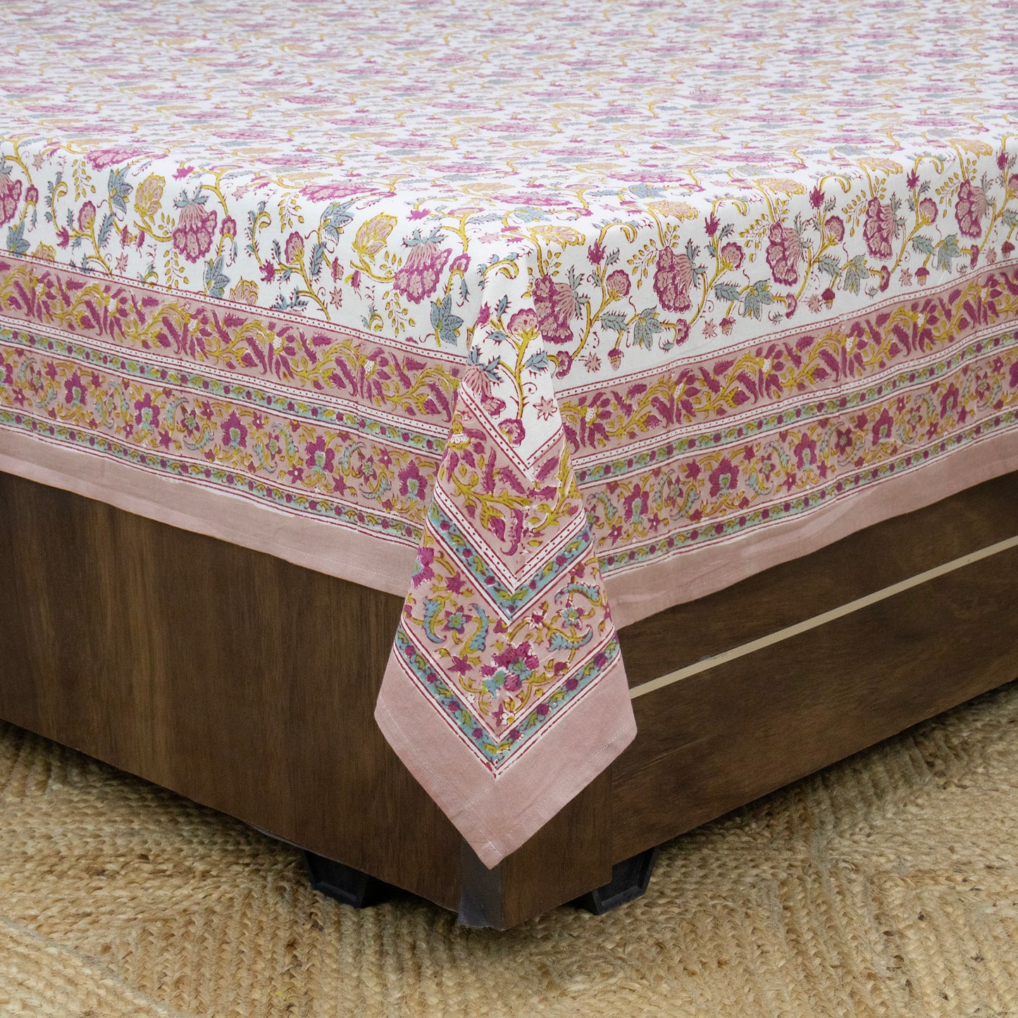 Cotton Bedsheet – Hand Block Floral Print – Pink and Yellow – King, Queen, Twin Sizes - My Store