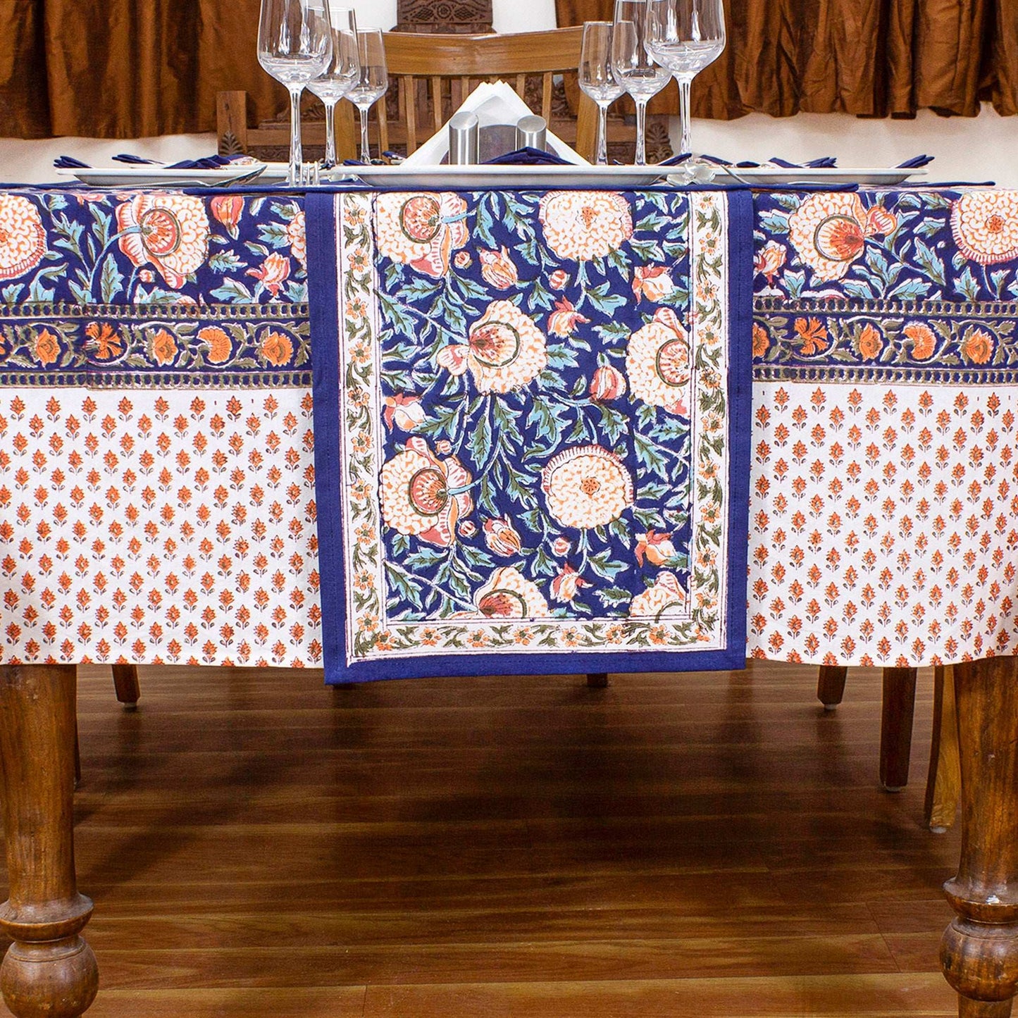 Indian Handmade Cotton Blue & Orange Wedding Tablecloth - My Store