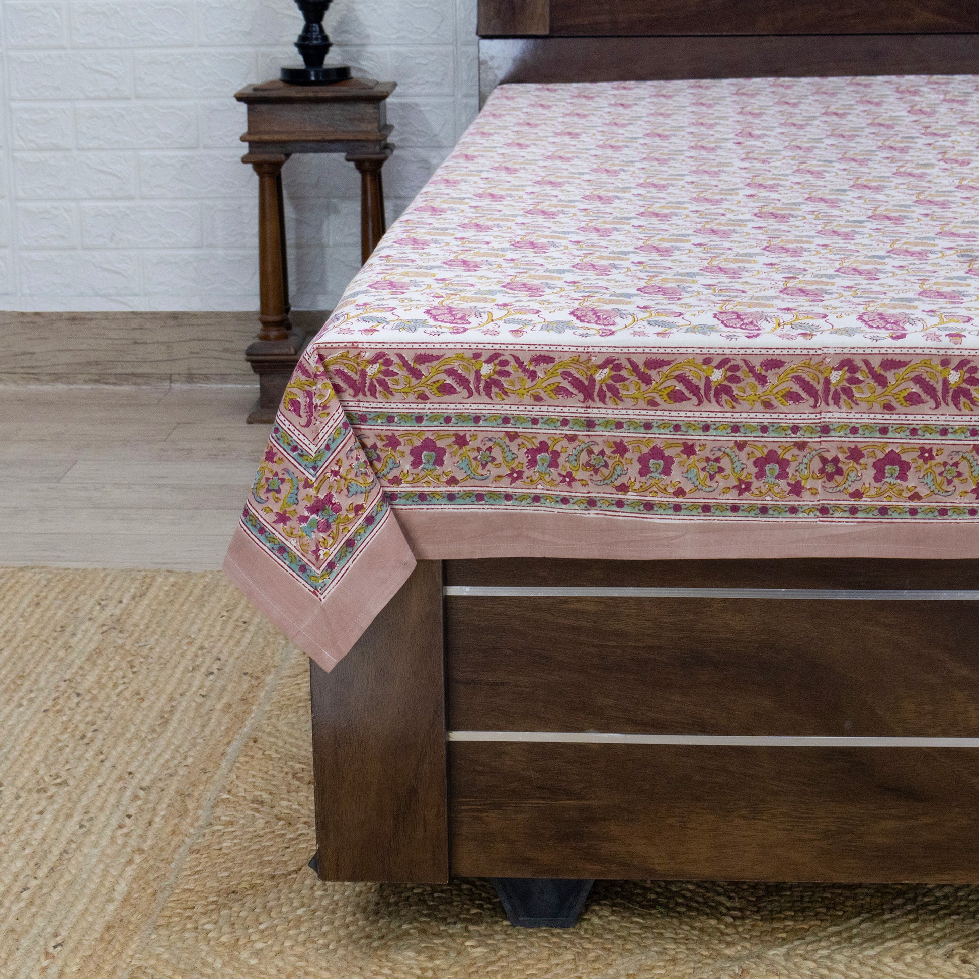 Cotton Bedsheet – Hand Block Floral Print – Pink and Yellow – King, Queen, Twin Sizes - My Store