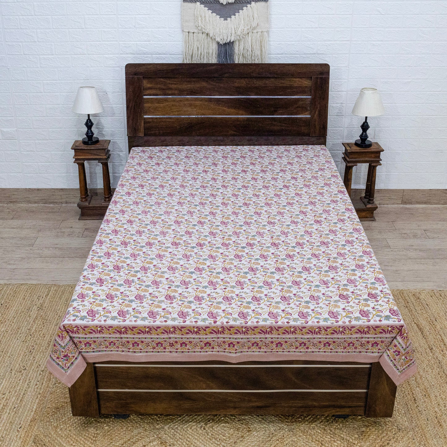 Cotton Bedsheet – Hand Block Floral Print – Pink and Yellow – King, Queen, Twin Sizes - My Store