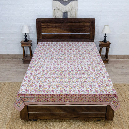 Cotton Bedsheet – Hand Block Floral Print – Pink and Yellow – King, Queen, Twin Sizes - My Store