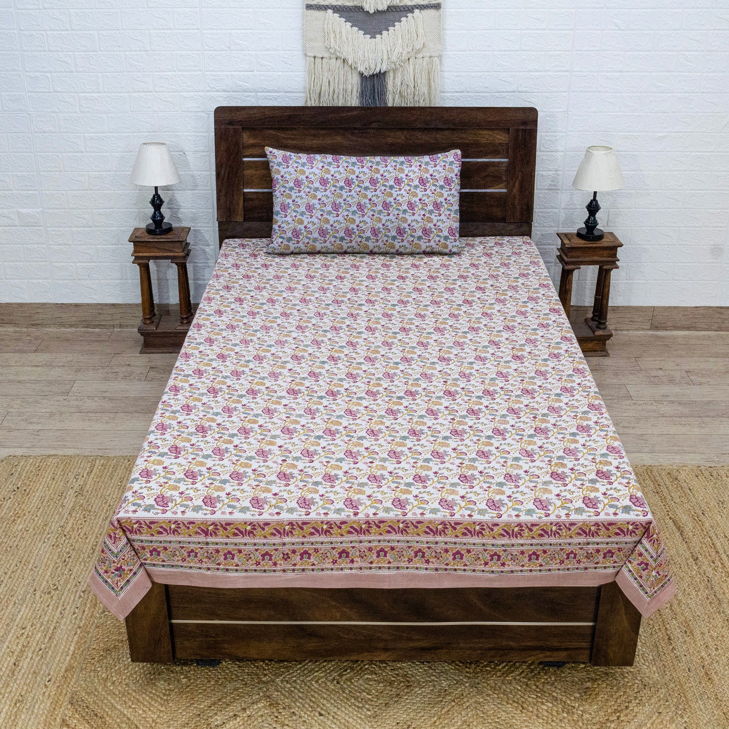 Cotton Bedsheet – Hand Block Floral Print – Pink and Yellow – King, Queen, Twin Sizes - My Store