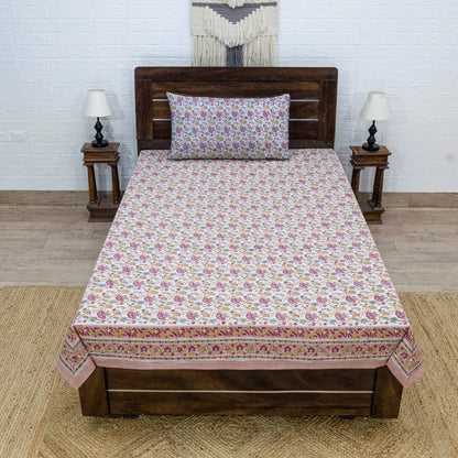 Cotton Bedsheet – Hand Block Floral Print – Pink and Yellow – King, Queen, Twin Sizes - My Store