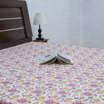 Cotton Bedsheet – Hand Block Floral Print – Pink and Yellow – King, Queen, Twin Sizes - My Store