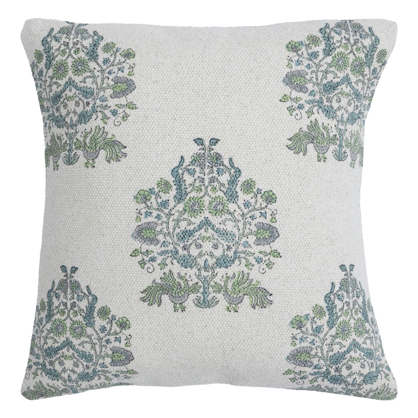 Hand Block Printed Floral Cushion Cover – Green Grey Cotton Decorative Pillow Cover