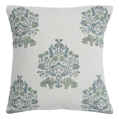 Hand Block Printed Floral Cushion Cover – Green Grey Cotton Decorative Pillow Cover