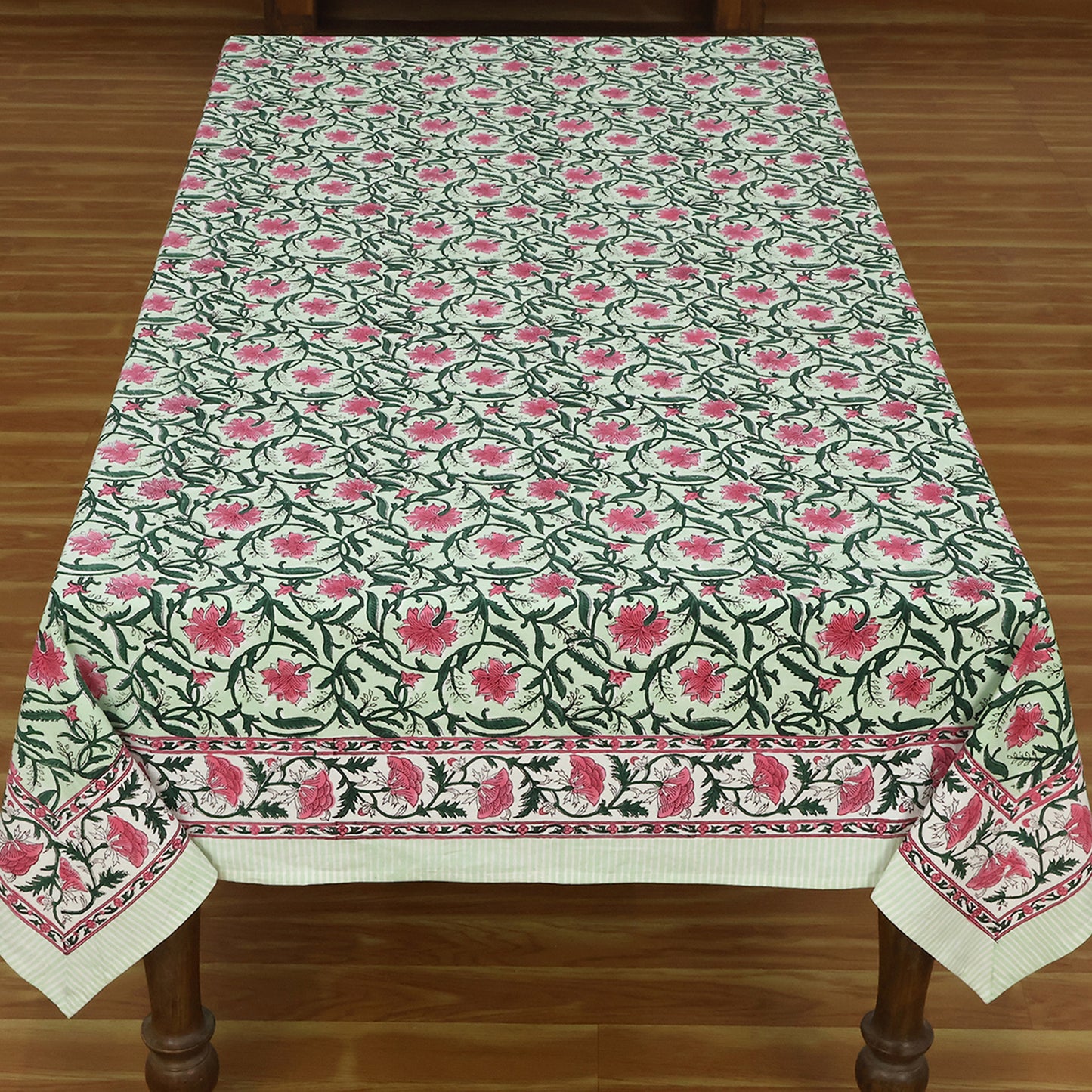 Rose Pink and Green Floral Design Block Printed Cotton Table Cover - My Store
