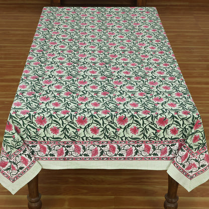 Rose Pink and Green Floral Design Block Printed Cotton Table Cover - My Store
