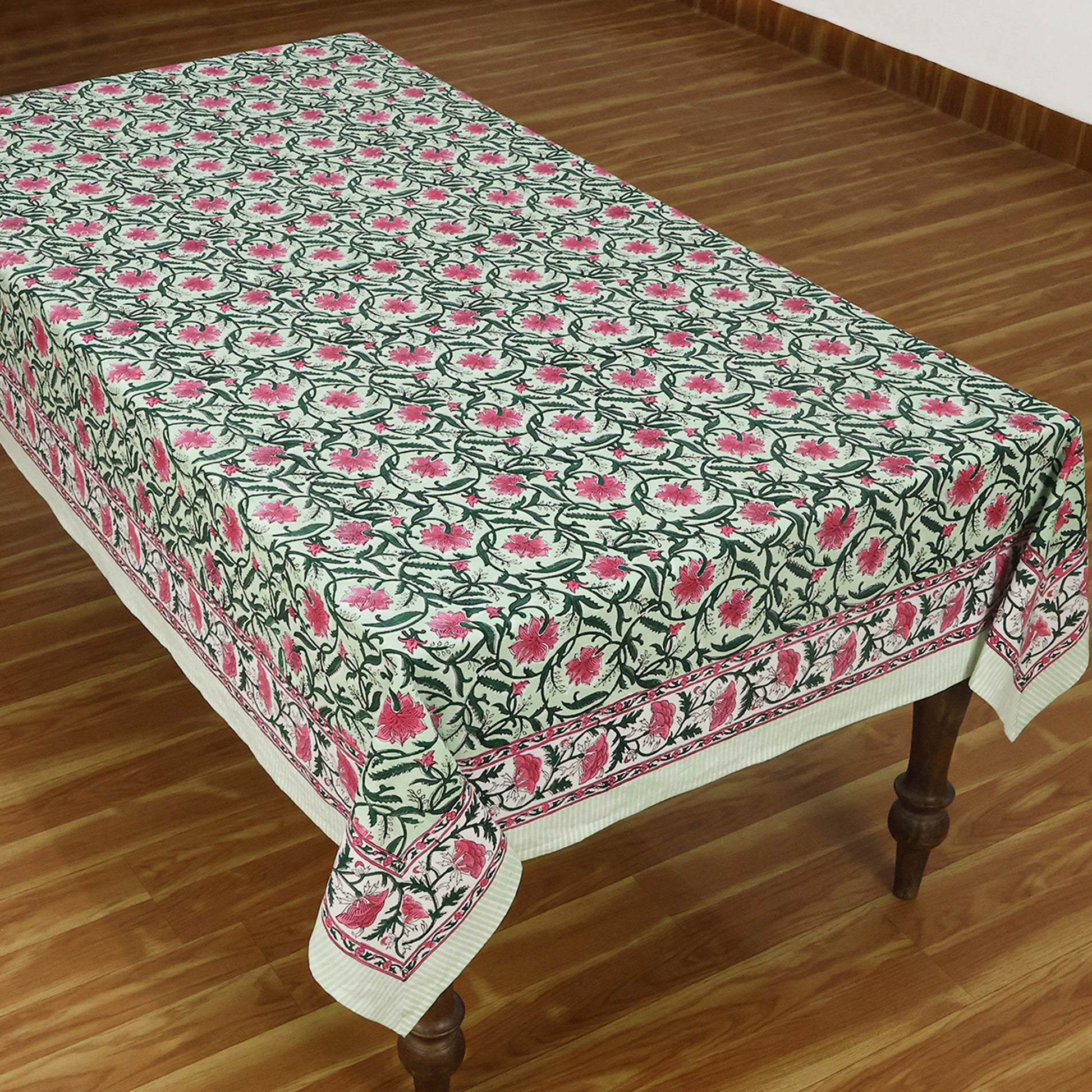 Rose Pink and Green Floral Design Block Printed Cotton Table Cover - My Store