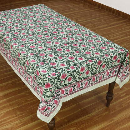 Rose Pink and Green Floral Design Block Printed Cotton Table Cover - My Store