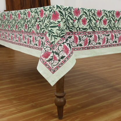 Rose Pink and Green Floral Design Block Printed Cotton Table Cover - My Store